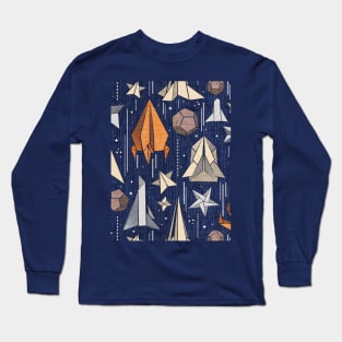 Reaching for the stars // pattern // navy blue background ivory grey brown and orange origami paper asteroids stars and space ships traveling light speed Long Sleeve T-Shirt